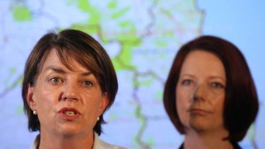 Taking charge ... Anna Bligh fronts the media with Julia Gillard yesterday.