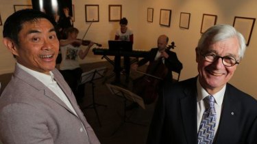 Julian Burnside AO QC (right) with composer Lyle Chan and the Seraphim Trio. Burnside has commissioned Chan to write a piece titled <i>Wind Farm Music, Dedicated to Tony Abbott</i>.