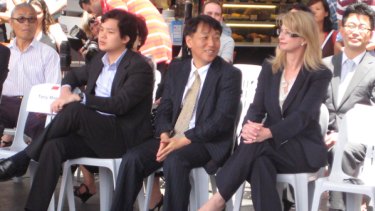 Jason Tay of the shopping centre's owner Memo Corp, the Mayor of Strathfield, Keith Kwon,  who is not involved with the referral to the Independent Commission Against Corruption, and the   Minister for Fair Trading, Virginia Judge, at a Strathfield Plaza function  in November.