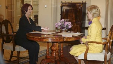 Governor-General Quentin Bryce swears in Prime Minister Julia Gillard at Government House in 2010.