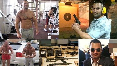 Pump action ... clockwise from left, Hakan Ayik grinning and shirtless, posing at the gym, doing target practice and oozing confidence over a drink, and some of the weapons seized from a Kogarah apartment in May last year.