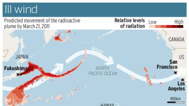 Map of radiation spreading from Japan to Russia and US coast.