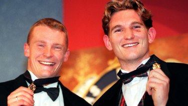 Parallel universe: Michael Voss and James Hird shared the 1996 Brownlow medal.