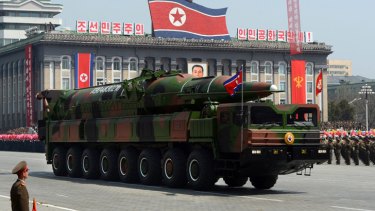 A North Korean military vehicle carrying what is believed to be a Taepodong-class missile Intermediary Range Ballistic Missile.