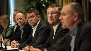 Backlash: (From left to right) Queensland Premier Campbell Newman, NSW Premier Mike Baird and Victoria Premier Denis Napthine deliver a press conference  in Sydney to discuss the federal budget and the cuts that will affect the states and territories.