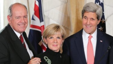 Defence Minister David Johnston and Foreign Minister Julie Bishop, with US Secretary of State John Kerry.