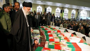 The Iranian supreme leader, Ayatollah Ali Khamenei,  at the funeral for members of the Revolutionary Guard  killed in the explosion.