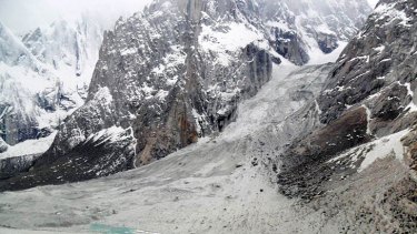 An aerial view of the site of avalanches where 135 people, including 124 Pakistani soldiers, are missing on the Siachen Glacier mountains.