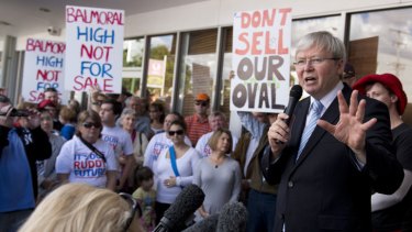 Kevin Rudd holds a rally outside his Morningside office in Brisbane about a local oval being sold off by the LNP State Government.13th of July 2013.