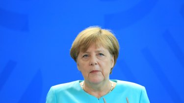 Angela Merkel, Germany's chancellor, looks on during a news conference following the UK European Union referendum results at the Chancellory in Berlin.