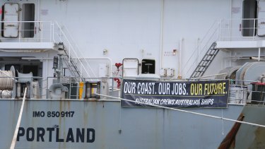 Ship jobs being taken from Portland locals and moved overseas. The MV Portland moored in Portland. 