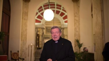 Cardinal George Pell talks to the press after giving evidence to the Royal Commission into Institutional Responses to Child Sexual Abuse in March 2016.