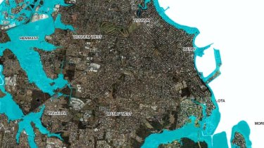 Predicted flooding in Brisbane's southern suburbs if the sea level rises by 1.1 metres. | <B><A href= http://images.brisbanetimes.com.au/file/2010/12/17/2099497/southern.jpg?rand=1292536430560 > VIEW IN FULL </a></b>