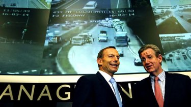 Well-connected travellers: Tony Abbott and Barry O'Farrell at the announcement.