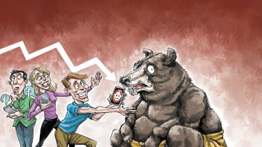 Illustration for Business day front cover for a piece on short selling and loving the bear, (stocks)