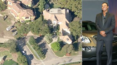 The Florida home of Tiger Woods (right). Inset Tiger Woods, who was injured in a car accident outside his home today.