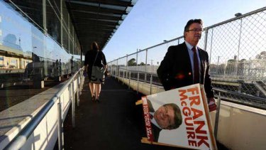Frank McGuire campaigns at the Broadmeadows railway station.