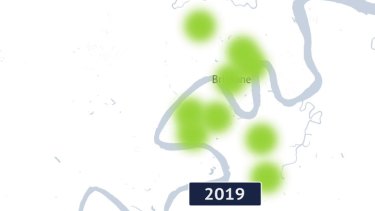 Booths with the most first-preference Greens votes in Greater Brisbane, 2007-2019.