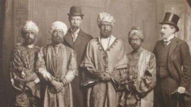 The Dreadnought Hoaxers in Abyssinian regalia; Virginia Woolf is the bearded figure on the far left.