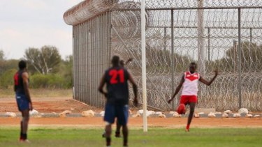 Inmates playing a scratch match of football on Thursday at Alice Springs Correctional Centre, where Liam Jurrah is serving a 12-week stint.
