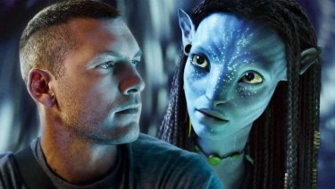 Actors Sam Worthington and Zoe Saldana as her digital character Neytiri in a scene from <i>Avatar</i>.
