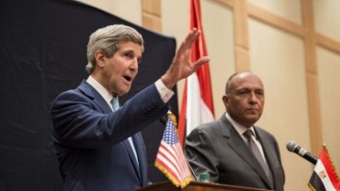 US Secretary of State John Kerry (left) with his Egyptian counterpart Sameh Hassan Shoukry in Cairo on Sunday.