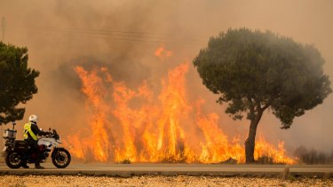 A military police officer stands by his motorcycle next to flames from a forest fire near Mazagon in southern Spain.