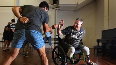 Theatre of war: Dennis Ramsay (right) one of the 17 Australian Defence Force personnel and actor Tahki Saul (left) during a workshop at the Sydney Theatre Company for the production of <i>The Long Way Home</i>.