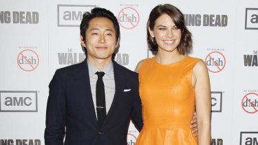 Steven Yeun and Lauren Cohan attend the AMC's 'The Walking Dead' Season 3 Premiere.