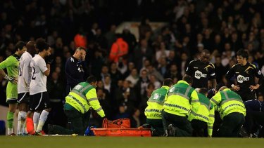 Close call ... Muamba collapsed on the field during a televised FA Cup quarterfinal at Tottenham on March 17, 2012.