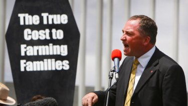 Speaking out ... the leader of the National Party, Barnaby Joyce, addresses farmers who marched on Parliament House in support of hunger-striker Peter Spencer.