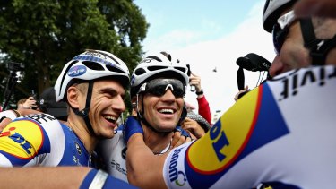 German Marcel Kittel celebrates his stage two win with his Quick-Step Floors teammates.