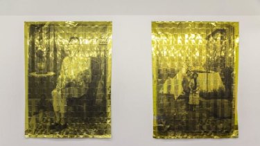 <i>New Australians</i>, a digital print on mylar emergency blanket, part of Eugenia Lim's <i>Yellow Peril</i> exhibition.