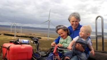Life's a breeze &#8230; landowner Marcia Osborne with her grandchildren Kipp Osborne, 3, and Archie Davis, 15 months, on her farm near Lake George.