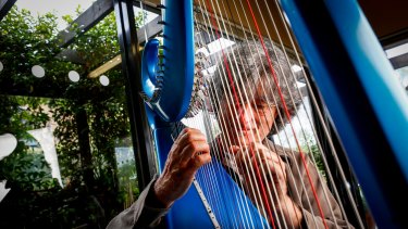 Harpist Michael Johnson performs at the Delmont Private Hospital in Glen Iris.