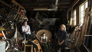 Journey to <i>Machu Piccu</i>: The play's (from left) Darren Gilshenan, Lisa McCune and Sue Smith in a prop room at Sydney Theatre Company.