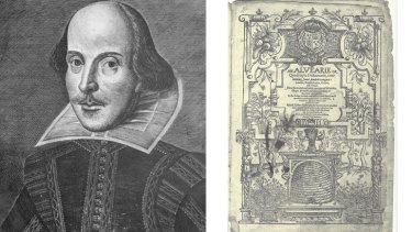 William Shakespeare and, right, a page from the copy of John Baret's <i>An Alvearie</i>.