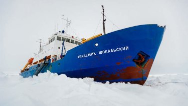 The MV Akademik Shokalskiy trapped in the ice at sea off Antarctica.
