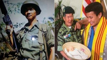 Bao Tran as a young South Vietnamese soldier, left, and showing Kimberly Mitchell how she was given to him during the war in 1972.