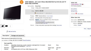 The auction page for the $1120 Sony TVs that retail on Sony's website for $2299.
