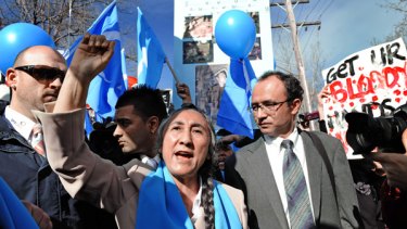 Exiled Uighur leader Rebiya Kadeer addresses a rally outside the Chinese Consulate in Toorak.