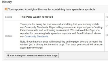 Facebook rejected a request to take down a page that contained content ridiculing Aboriginal people.