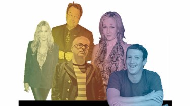 Disorderly queue … (from left) Daryl Hannah, Dan Aykroyd, David Walsh, J.K. Rowling and Mark Zuckerberg have all been linked with Asperger’s syndrome.