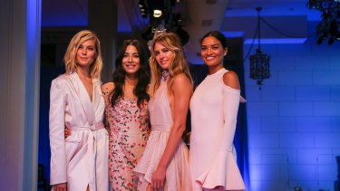 All-Australian line-up ... (from left) Bridget Malcolm, Jessica Gomes, Jesinta Franklin and Shanina Shaik at rehearsals for the David Jones launch in Sydney on Wednesday.