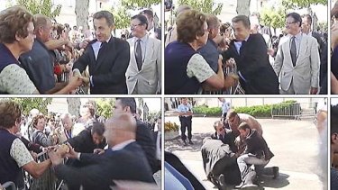 A combination of still images shows a scuffle while French President Nicolas Sarkozy was greeting people in southern France.