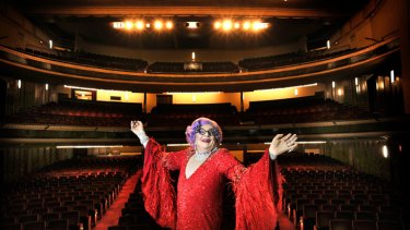 Sparkling wit: Dame Edna Everage announces her farewell tour at Her Majesty's Theatre in Melbourne yesterday.