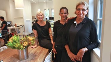 Community spirit &#8230; Aunty Beryl, right, with trainee hospitality students Jess Sowden, left, and April Ceissman, at the Gardener's Lodge Cafe, Broadway.