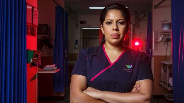 Footscray Hospital senior nurse Chantelle D'Souza. D'Souza, an asthmatic, needed treatment herself as she organised extra emergency staff.