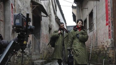 Voutas (left) acting on location in Eastern China during the making of the China-shot horror film <i>Walking the Dead</i>.