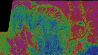 Radiometric image of Woodstock area in north-west Queensland, showing the natural counts of potassium (red), thorium (green) and uranium (blue).